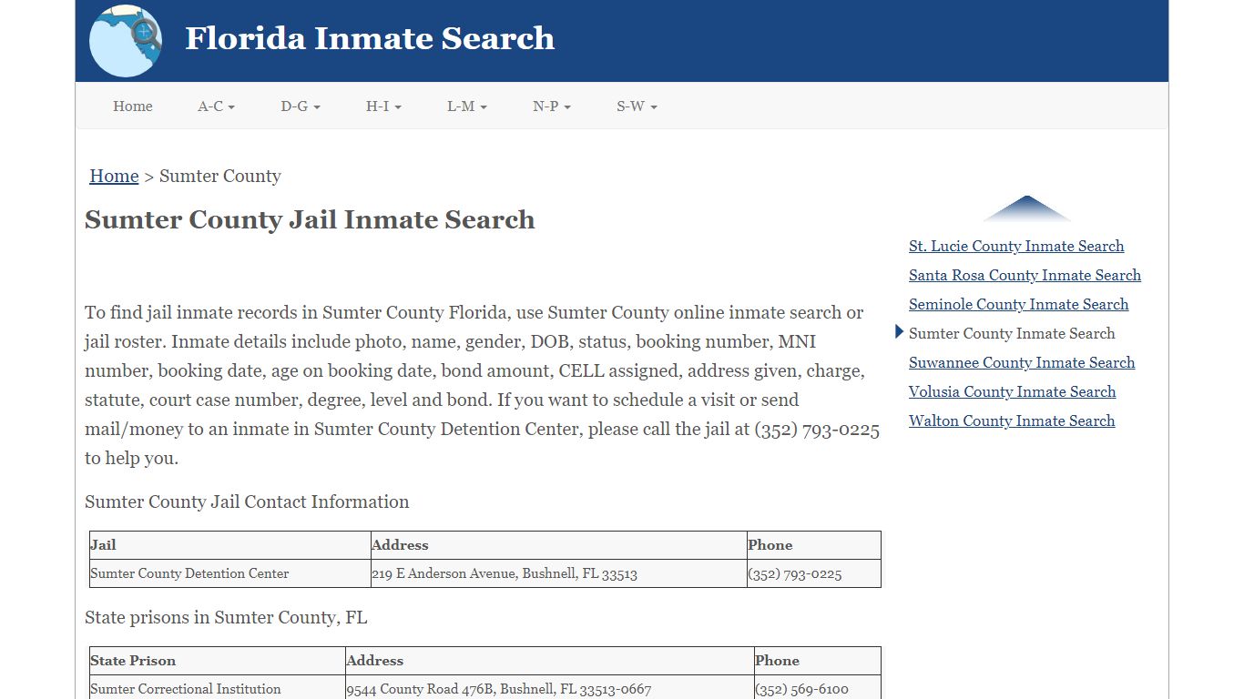 Sumter County Jail Inmate Search